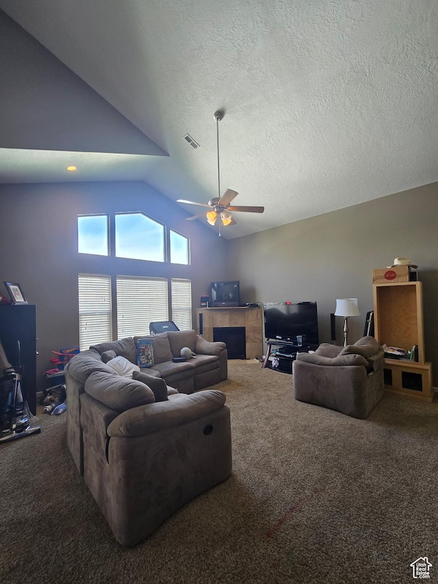 5564 S Yellow Fin Way W, Murray, UT 84107 - living area featuring ceiling fan, vaulted ceiling, carpet floors, and visible vents