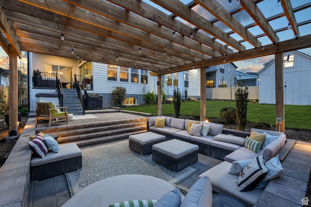 4772 W Thorntree Ln, Herriman, UT 84096 - view of patio featuring a shed, an outbuilding, stairway, an outdoor living space, and a fenced backyard