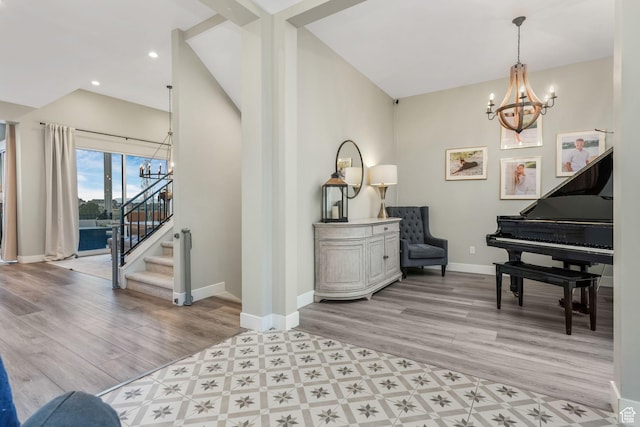 4772 W Thorntree Ln, Herriman, UT 84096 - sitting room featuring recessed lighting, an inviting chandelier, stairs, light wood-style floors, and baseboards