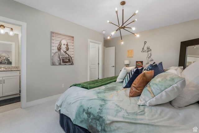 4772 W Thorntree Ln, Herriman, UT 84096 - bedroom with baseboards, a notable chandelier, ensuite bath, and light colored carpet