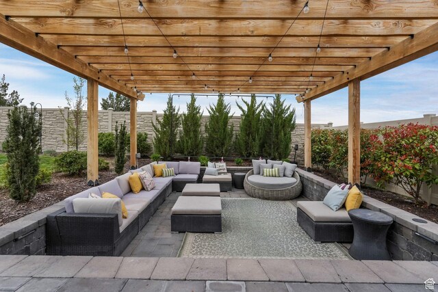 4772 W Thorntree Ln, Herriman, UT 84096 - view of patio / terrace featuring a pergola, an outdoor living space, and a fenced backyard