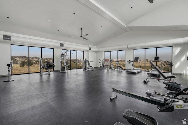 4772 W Thorntree Ln, Herriman, UT 84096 - exercise room with visible vents, a ceiling fan, and vaulted ceiling