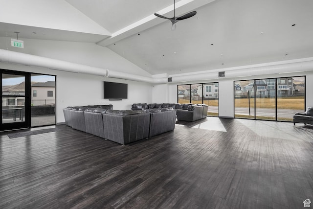 4772 W Thorntree Ln, Herriman, UT 84096 - living room featuring wood finished floors, ceiling fan, and high vaulted ceiling