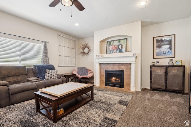 1030 S Barley Ln, Kaysville, UT 84037 - carpeted living room with a tiled fireplace, recessed lighting, and a ceiling fan