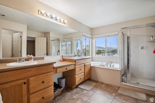 1030 S Barley Ln, Kaysville, UT 84037 - bathroom with a stall shower, tile patterned flooring, a bath, and vanity