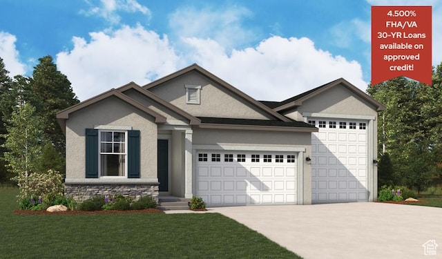 4099 W 2025 S Unit 51, Taylor, UT 84401 - view of front of home featuring stucco siding, concrete driveway, a garage, and stone siding
