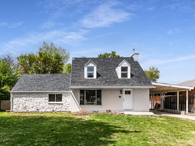 cape cod house with a chimney, fence, a front lawn, and roof with shingles