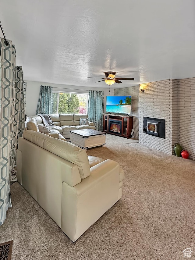 886 E Hillcrest Dr, Springville, UT 84663 - living area with a fireplace, carpet, and a ceiling fan
