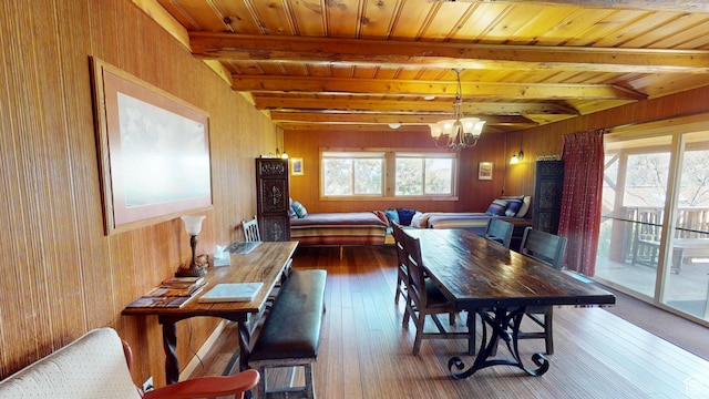 315 Abbey Rd, Moab, UT 84532 - dining area featuring a chandelier, wood-type flooring, beam ceiling, wood ceiling, and wood walls