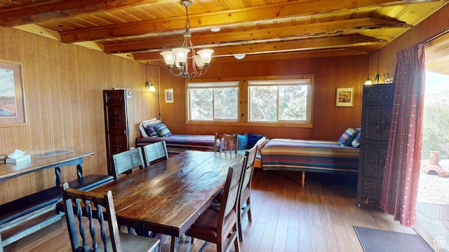 315 Abbey Rd, Moab, UT 84532 - dining area featuring a chandelier, beam ceiling, hardwood / wood-style floors, wooden walls, and wood ceiling