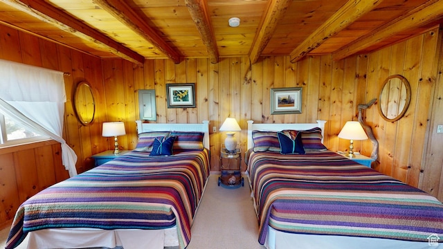 315 Abbey Rd, Moab, UT 84532 - bedroom featuring beam ceiling, wooden ceiling, carpet, and wooden walls