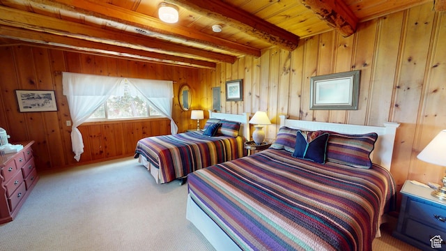 315 Abbey Rd, Moab, UT 84532 - carpeted bedroom with beam ceiling, wooden ceiling, and wood walls