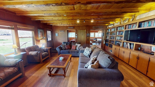 315 Abbey Rd, Moab, UT 84532 - living area featuring wooden ceiling, light wood finished floors, beam ceiling, and wood walls