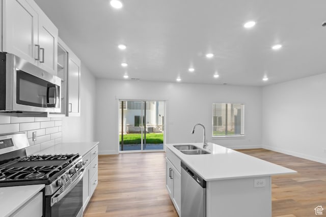 kitchen with light wood-style flooring, a sink, appliances with stainless steel finishes, and plenty of natural light