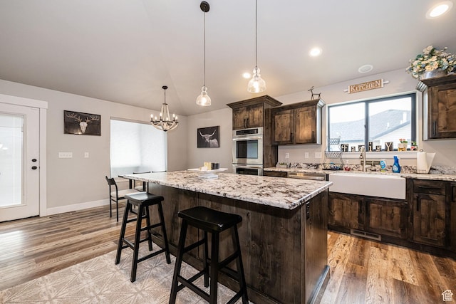 9568 N 5600 W, Elwood, UT 84337 - kitchen with stainless steel double oven, dark brown cabinetry, light wood-style flooring, and a sink