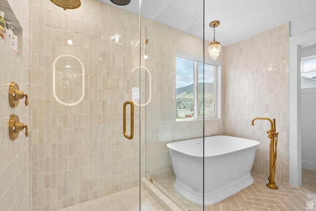 2862 S Preening Way, Saratoga Springs, UT 84045 - bathroom featuring tile walls, a freestanding bath, and a tile shower