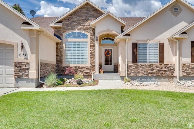676 S 620 E, Heber City, UT 84032 - view of front of home featuring stone siding, stucco siding, a front lawn, and roof with shingles