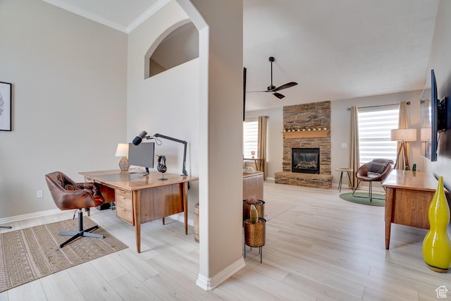 676 S 620 E, Heber City, UT 84032 - home office featuring a ceiling fan, healthy amount of natural light, wood finished floors, a fireplace, and crown molding