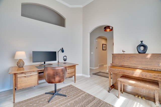 676 S 620 E, Heber City, UT 84032 - office featuring crown molding, light wood finished floors, baseboards, and arched walkways