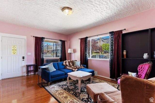 living room with a textured ceiling and wood finished floors