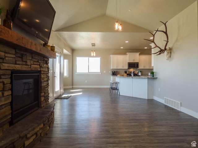 4718 E Cougar Run S, Ut, UT 84629 - unfurnished living room featuring lofted ceiling, visible vents, dark wood-style floors, baseboards, and a stone fireplace
