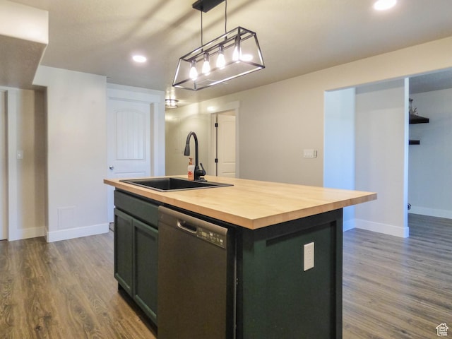 4718 E Cougar Run S, Ut, UT 84629 - kitchen with wood counters, a sink, dishwasher, recessed lighting, and dark wood-type flooring