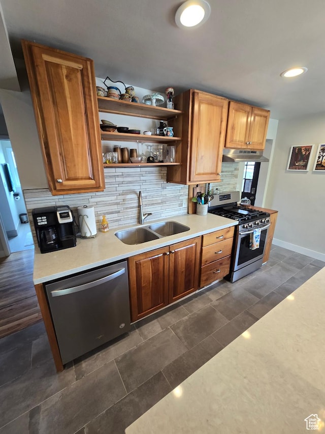 5841 S 129 W, Murray, UT 84107 - kitchen with under cabinet range hood, stainless steel appliances, decorative backsplash, and a sink