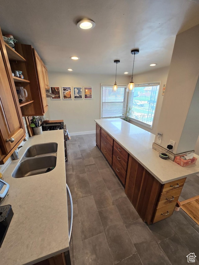 5841 S 129 W, Murray, UT 84107 - kitchen featuring a sink, open shelves, recessed lighting, light countertops, and range hood