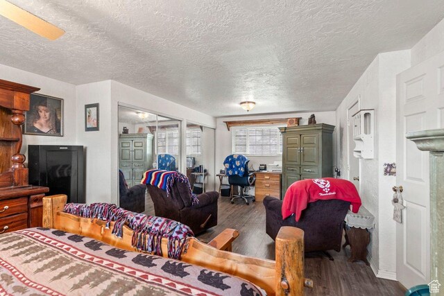 3168 W 1300 N, Clinton, UT 84015 - living area featuring dark wood-style flooring and a textured ceiling