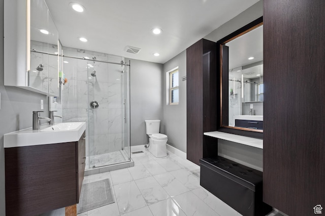 bathroom featuring recessed lighting, toilet, marble finish floor, visible vents, and a marble finish shower