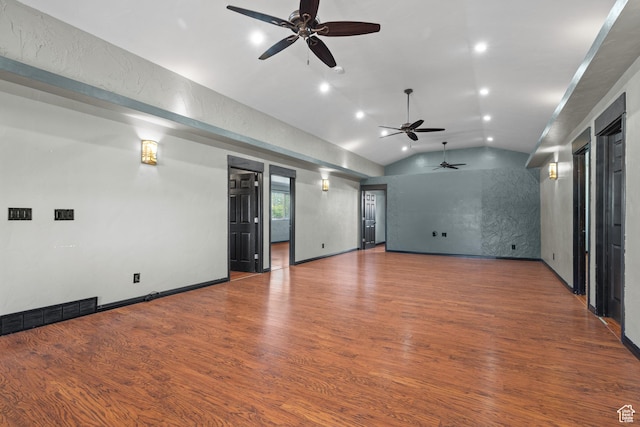 unfurnished room with recessed lighting, ceiling fan, visible vents, vaulted ceiling, and wood finished floors