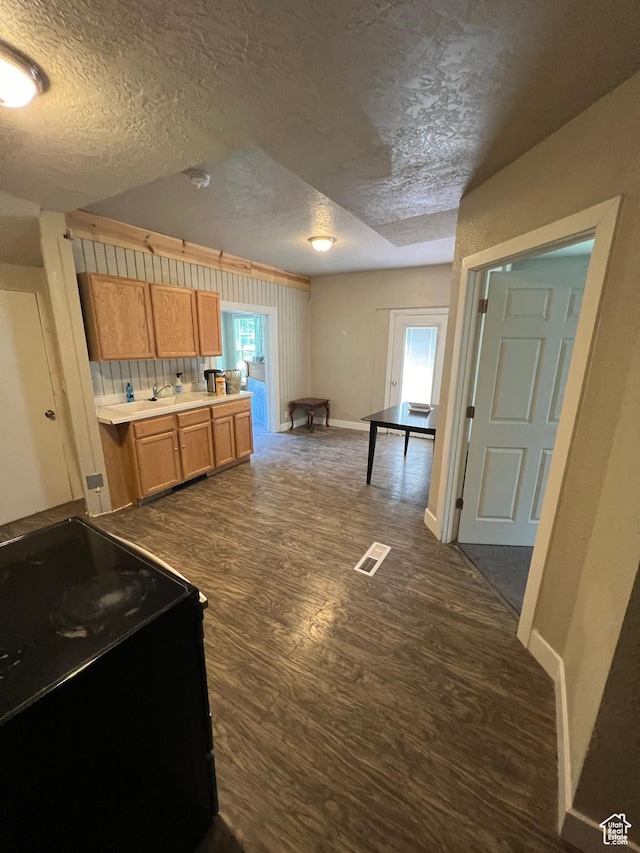 667 E 26th St S, Ogden, UT 84401 - kitchen with black stove, a sink, dark wood-style flooring, visible vents, and a textured ceiling