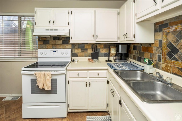 556 W 800 N Unit 15, Provo, UT 84601 - kitchen featuring white cabinets, a sink, under cabinet range hood, and white electric range