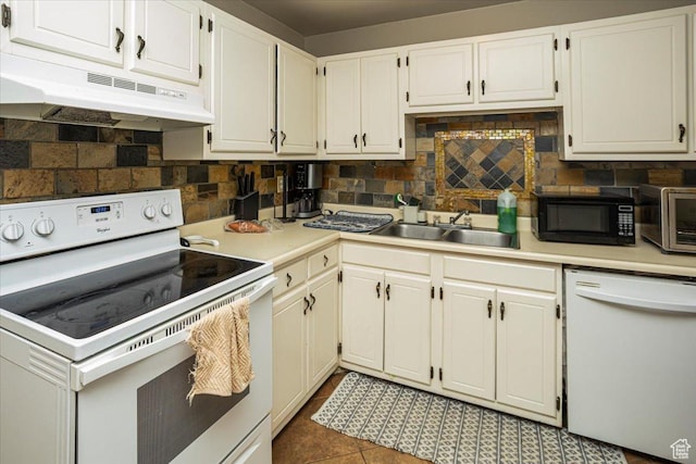 556 W 800 N Unit 15, Provo, UT 84601 - kitchen with a sink, decorative backsplash, under cabinet range hood, white appliances, and light countertops