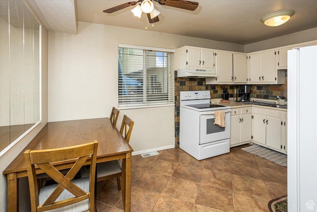 556 W 800 N Unit 15, Provo, UT 84601 - kitchen with a ceiling fan, white cabinets, under cabinet range hood, and white appliances