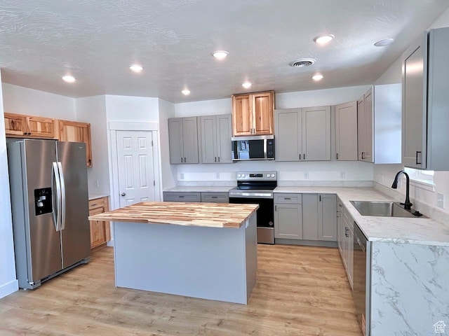 991 N 2500 W, Vernal, UT 84078 - kitchen featuring a sink, light wood-style flooring, a kitchen island, wooden counters, and appliances with stainless steel finishes