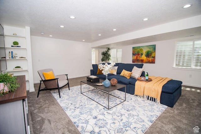 2021 W Kamari Dr, South Jordan, UT 84095 - carpeted living room with a textured ceiling, recessed lighting, and baseboards