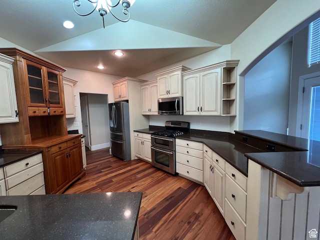 5867 W 4000 N, Roosevelt, UT 84066 - kitchen with dark wood finished floors, glass insert cabinets, appliances with stainless steel finishes, vaulted ceiling, and a peninsula