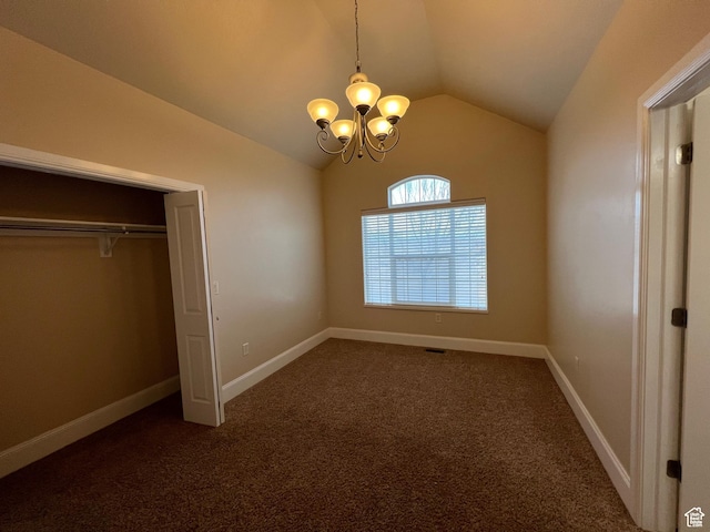 5867 W 4000 N, Roosevelt, UT 84066 - unfurnished bedroom with an inviting chandelier, carpet, vaulted ceiling, and baseboards