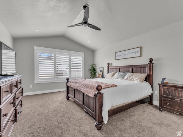 13952 S Indian Ln E, Herriman, UT 84096 - bedroom featuring light carpet, vaulted ceiling, baseboards, and a ceiling fan