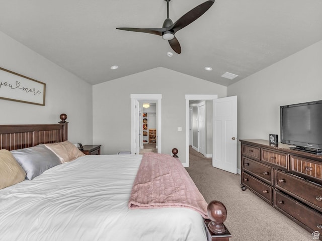 13952 S Indian Ln E, Herriman, UT 84096 - bedroom with light colored carpet, vaulted ceiling, baseboards, a ceiling fan, and recessed lighting