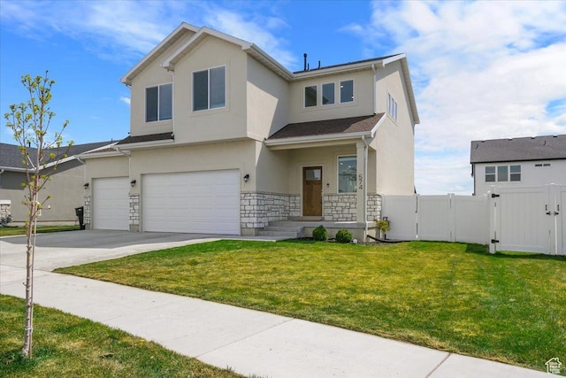 view of front of property featuring stucco siding, a gate, fence, stone siding, and an attached garage