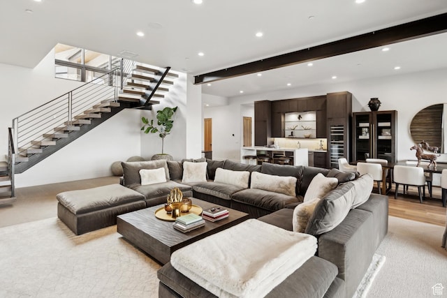 4014 Aspen Camp Loop, Park City, UT 84098 - living area featuring stairway, beamed ceiling, light wood-style flooring, and recessed lighting