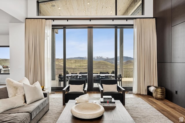 4014 Aspen Camp Loop, Park City, UT 84098 - living area with wood finished floors, wood ceiling, a mountain view, and plenty of natural light