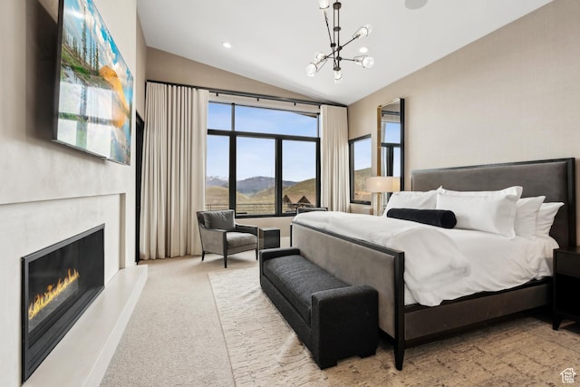 4014 Aspen Camp Loop, Park City, UT 84098 - carpeted bedroom featuring lofted ceiling, a notable chandelier, and a warm lit fireplace