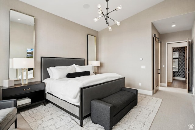 4014 Aspen Camp Loop, Park City, UT 84098 - bedroom featuring baseboards, light carpet, lofted ceiling, and an inviting chandelier
