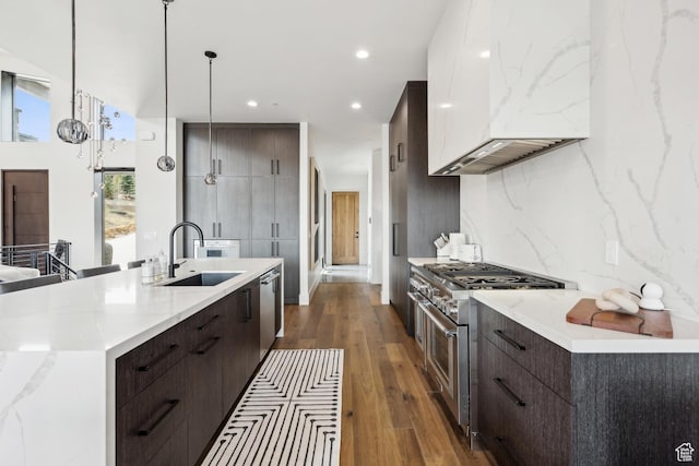 4014 Aspen Camp Loop, Park City, UT 84098 - kitchen featuring modern cabinets, a sink, stainless steel appliances, custom range hood, and dark brown cabinetry