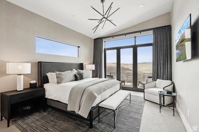 4014 Aspen Camp Loop, Park City, UT 84098 - bedroom with a notable chandelier, a mountain view, access to exterior, vaulted ceiling, and carpet floors
