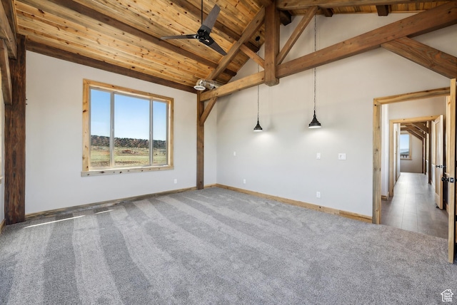 46997 W Thunder Ridge Rd, Fruitland, UT 84027 - spare room featuring vaulted ceiling with beams, wood ceiling, ceiling fan, carpet flooring, and baseboards