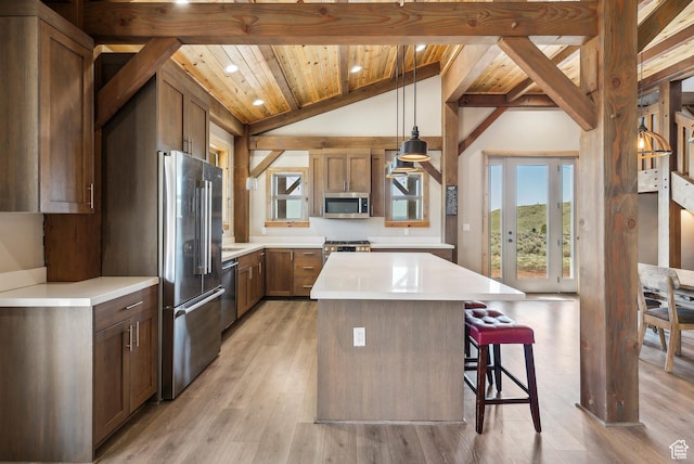 46997 W Thunder Ridge Rd, Fruitland, UT 84027 - kitchen with stainless steel appliances, lofted ceiling with beams, a center island, light countertops, and wood ceiling